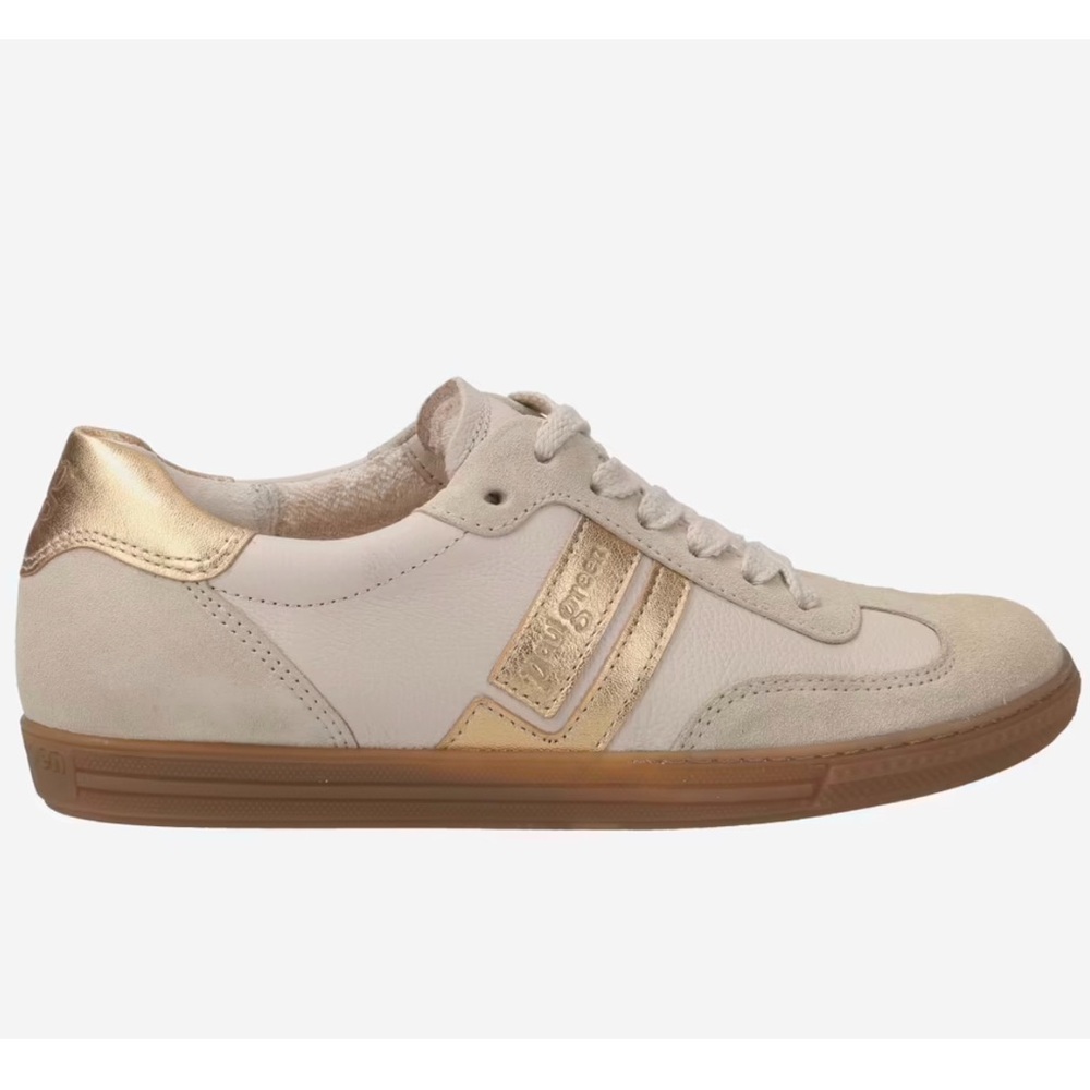 Beige/ gold combo leather SNEAKER  Women’s US 6 listed.